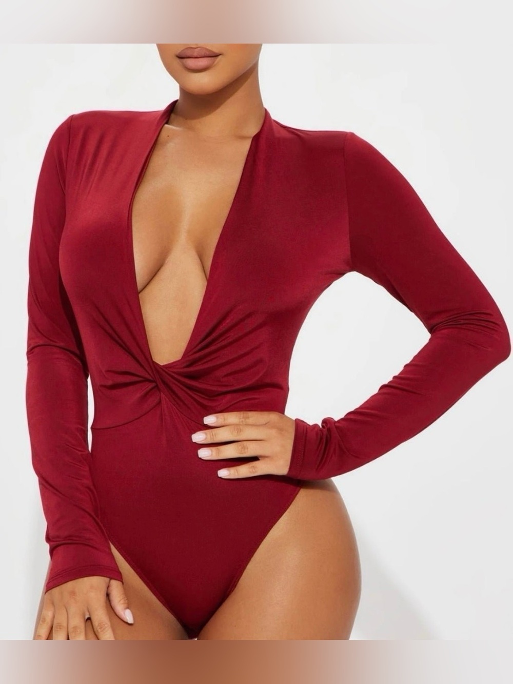 Fashion Nova Wine Red Lizette Twist Front Bodysuit - Small